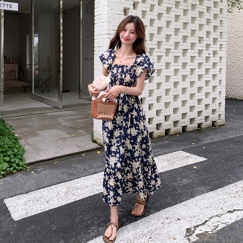 2024夏新款现货Y1076藏蓝色印花连衣裙打揽修身连衣裙P120K178,女装连衣裙,浙宝296