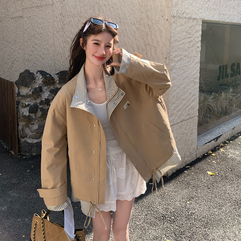 大货2026春新款Y1178格纹拼接风衣外套P180K288，女装风衣，浙宝296