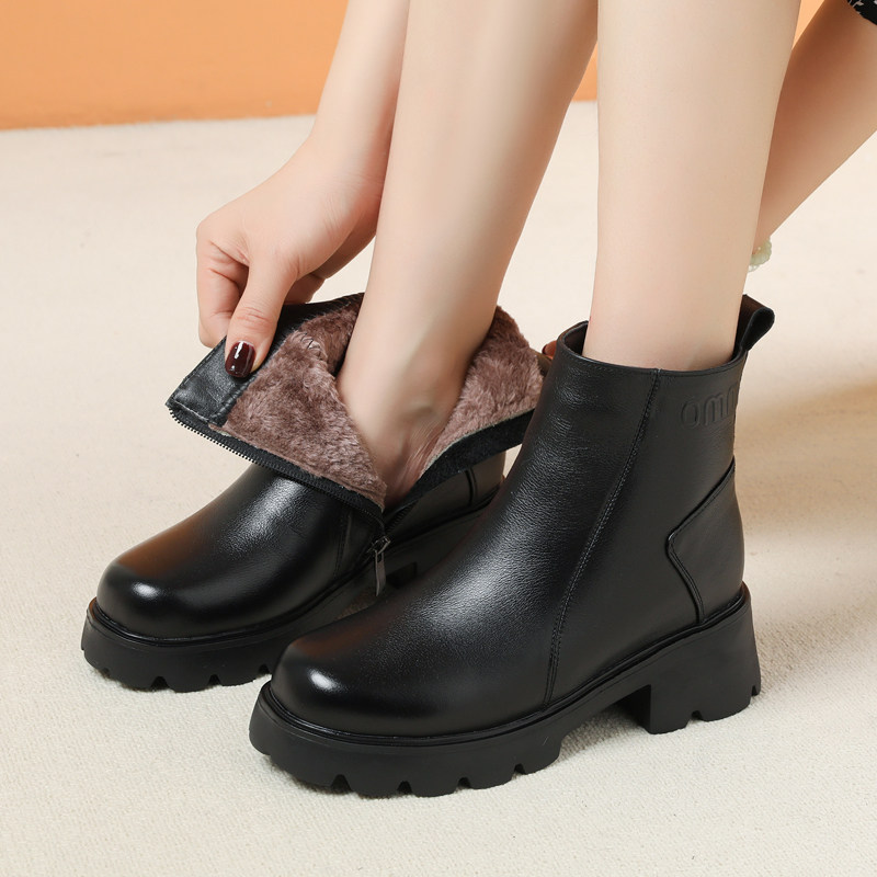 真皮软底短靴圆头粗跟瘦瘦靴小码英伦风厚底马丁靴加绒保暖女靴子,女鞋,时装靴,淘宝优惠券,粉丝福利购,淘宝优惠卷