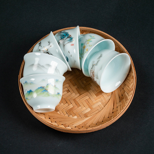 影清反口防烫陶瓷茶杯套装家用功夫茶具青瓷品茗杯小茶碗釉上彩
