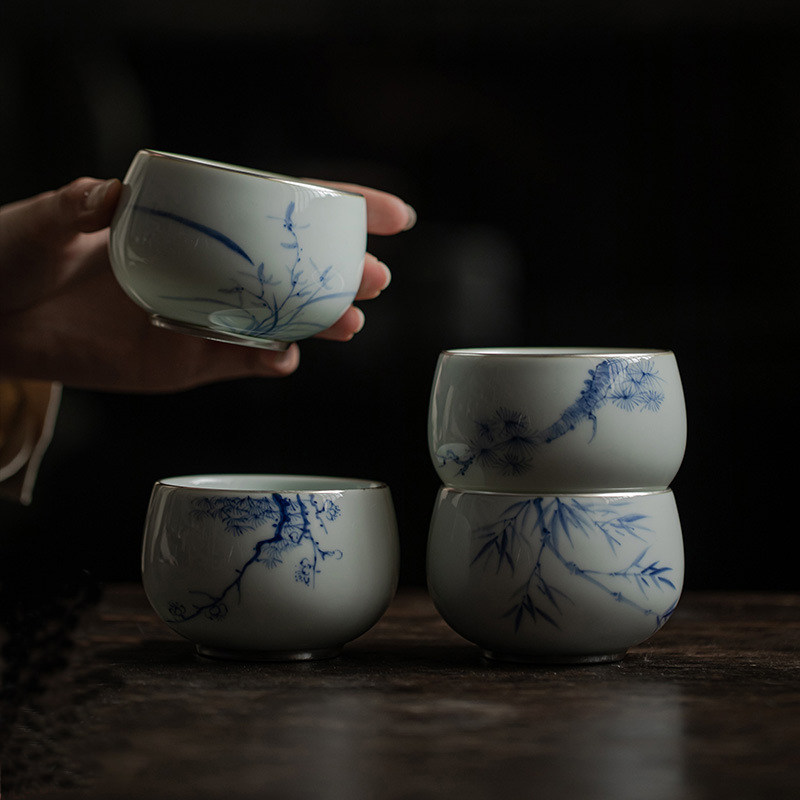 清雅之用 松竹梅兰描银手绘主人杯大号中式茶杯功夫茶具 闲趣别院