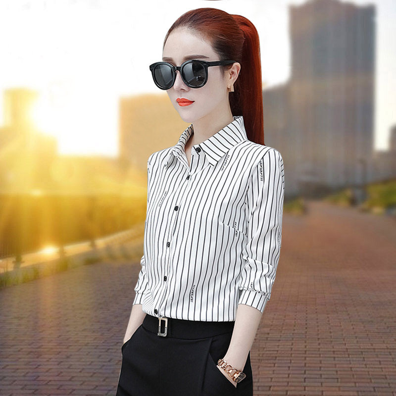 条纹衬衫女士长袖2022年春秋装新款雪纺上衣洋气百搭打底时尚衬衣