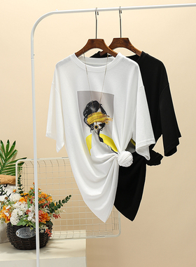 欧货大版纯棉短袖t恤女夏装2025新款宽松大码中长款遮屁股上衣潮