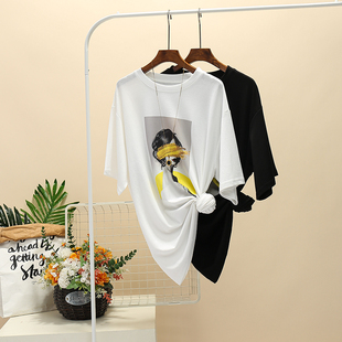 欧货大版纯棉短袖t恤女夏装2025新款宽松大码中长款遮屁股上衣潮