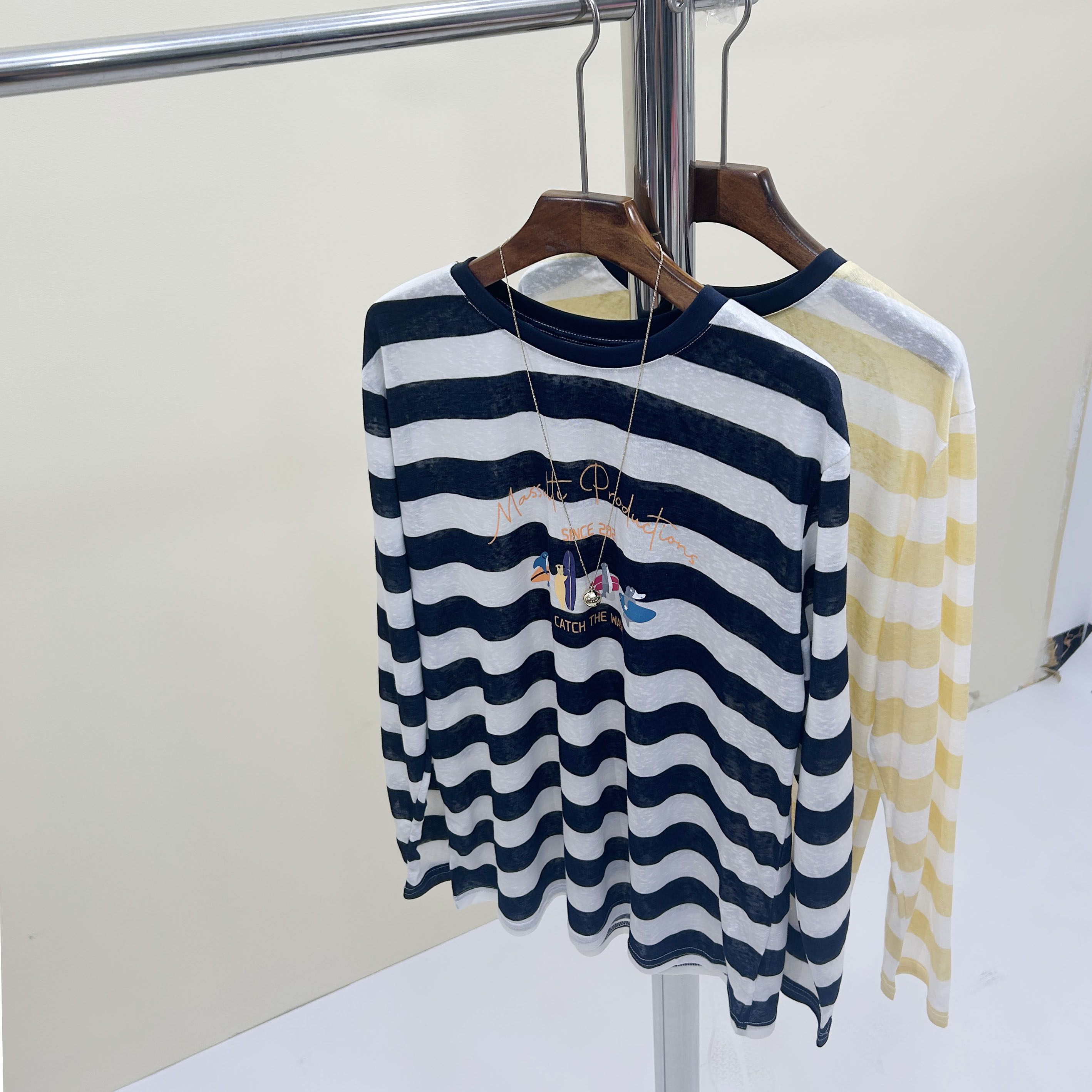 韩国东大门慵懒风卡通印花圆领条纹长袖T恤女夏薄款宽松防晒衫潮