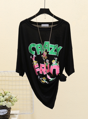 夏季新款宽松冰丝短袖t恤女做旧卡通夏装休闲百搭半袖上衣微透