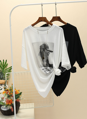 美式复古短袖t恤女大码胖mm宽松盐系中长款2025夏季雪花棉体恤