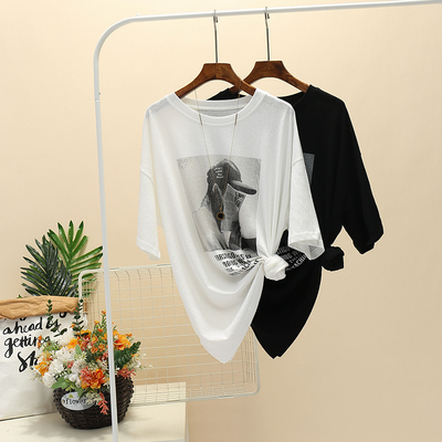 美式复古短袖t恤女大码胖mm宽松盐系中长款2026夏季雪花棉体恤