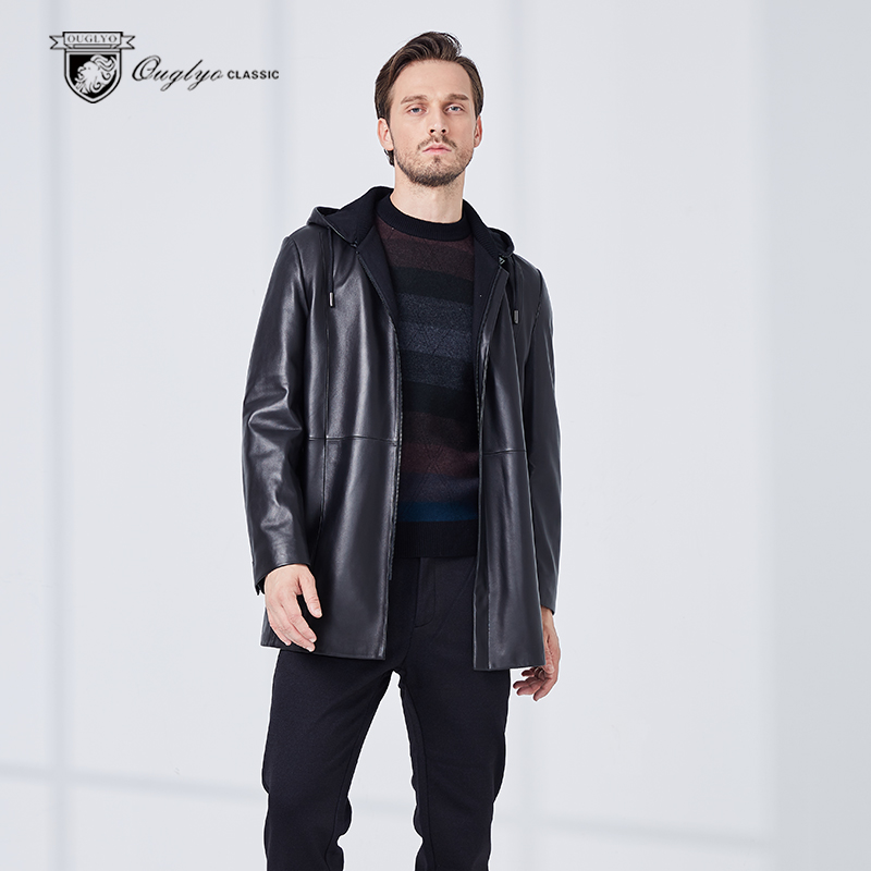 秋冬季中长款可拆卸帽真皮皮衣