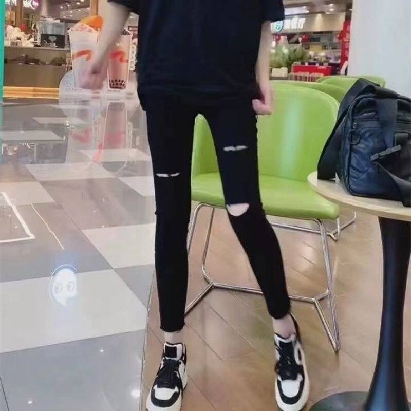 韩版破洞高腰显瘦小黑打底裤子女
