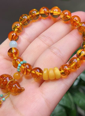 上新男女款花珀单圈手链蜜蜡琥珀圆珠手串民族风礼物饰一件代发