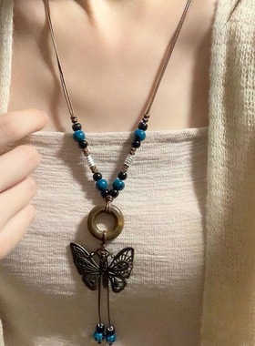 「甜猫盒子」波西米亚复古蝴蝶长款项链女新中式民族风中古毛衣链