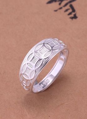 正品S990纯银钱币男士戒指开口可调节足银铜钱食指指环女个性潮流