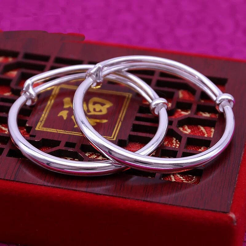 999纯银光面推拉宝宝手镯女亲子款镯子送宝宝婴儿中童周岁满月礼