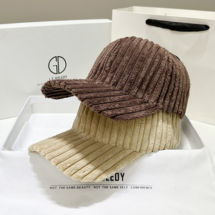 灯芯绒棒球帽女秋冬季竖条纹帽子男款百搭保暖毛绒咖色硬顶鸭舌帽