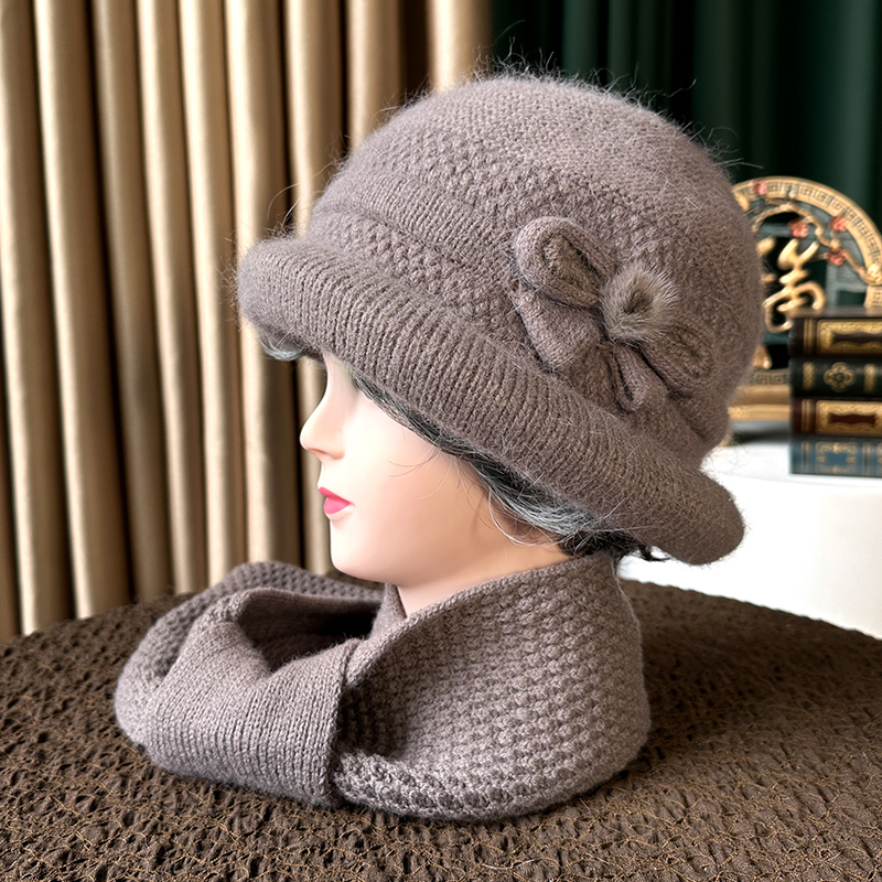 老人帽子女奶奶冬天法式女帽兔毛妈妈围巾盆帽卷边礼帽针织毛线帽