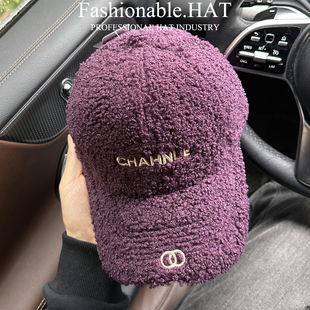 帽子女鸭舌帽显脸小毛绒保暖美式冬帽男款秋季休闲硬顶紫色棒球帽