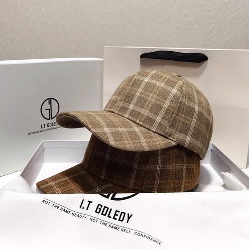 棒球帽男女毛呢格子英伦弯檐秋冬