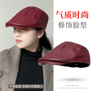 安哥拉红色贝雷帽女秋冬季新款PU皮帽子英伦八角帽报童前进画家帽