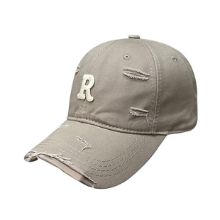 蓝色帽子女2025新款时尚潮流破洞防晒男款R鸭舌帽韩国软顶棒球帽