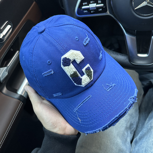 蓝色帽子棒球帽男款英伦风复古破洞遮阳帽女士休闲韩系软顶鸭舌帽