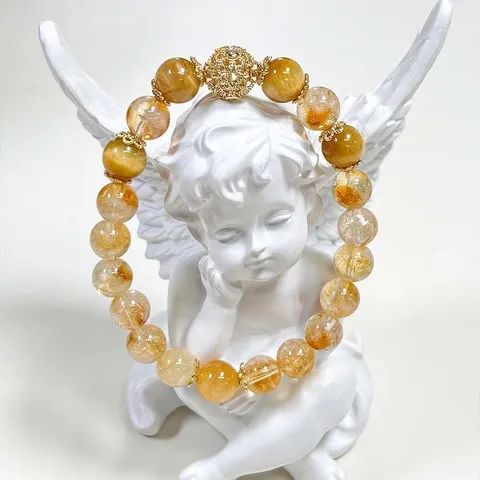 天然金丝球招财手链金虎眼小霸王设计款黄水晶女串珠古法盘缠手串