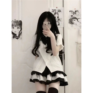 套装 衬衣 女夏季 显瘦半身裙两件套夏软妹短袖 学生jk制服上衣 衬衫