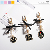 创意珍珠蝴蝶结小香风钥匙扣挂件包包挂饰小礼品汽车钥匙链黑色