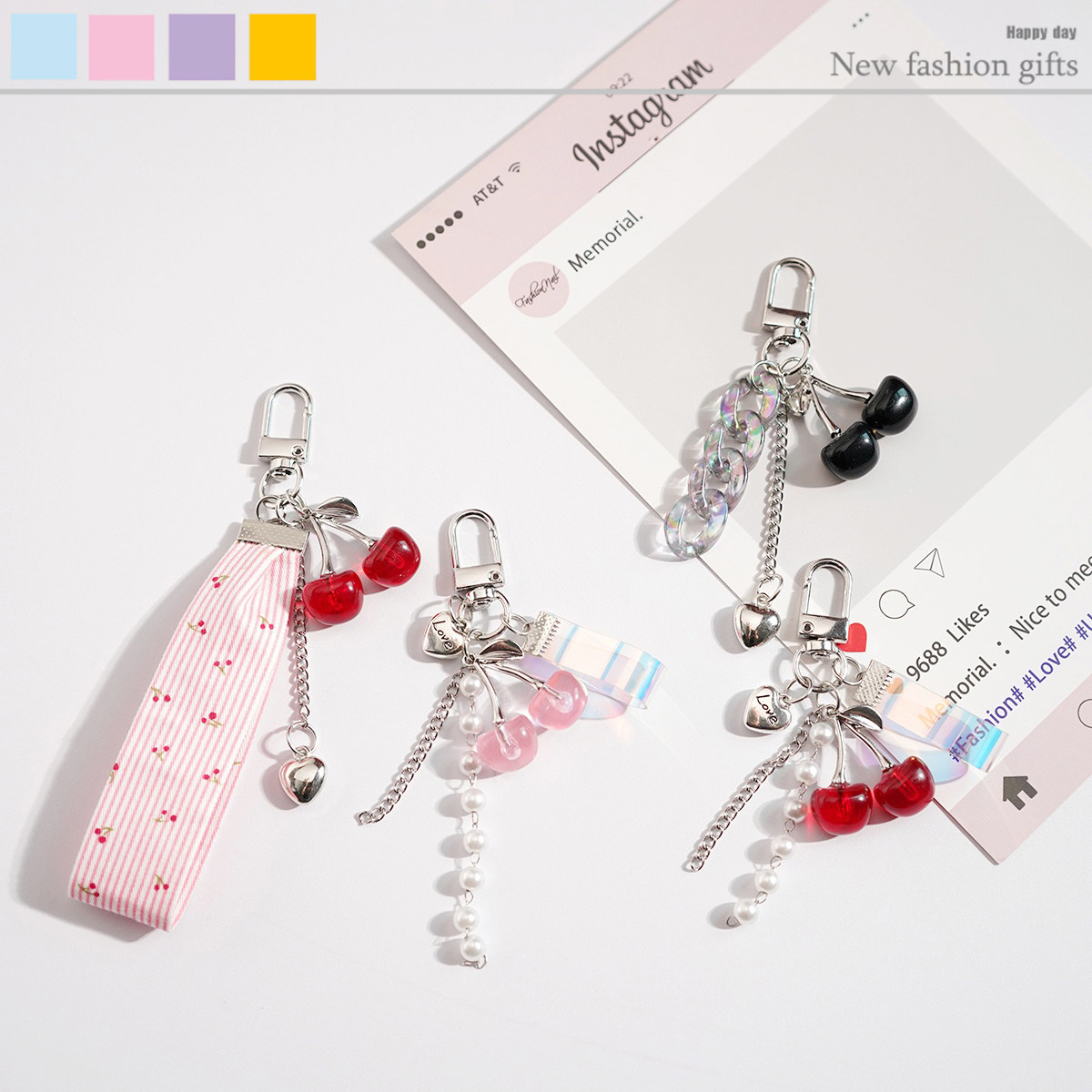 DIY原创樱桃蝴蝶结亚克力串珠挂绳少女心包包挂件钥匙扣挂饰,服饰配件/皮带/帽子/围巾,钥匙扣,淘宝优惠券,粉丝福利购,淘宝优惠卷