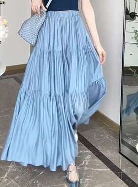 法式小香风梨形身材高腰显瘦蓝色a字半身裙女夏季小个子遮胯长裙