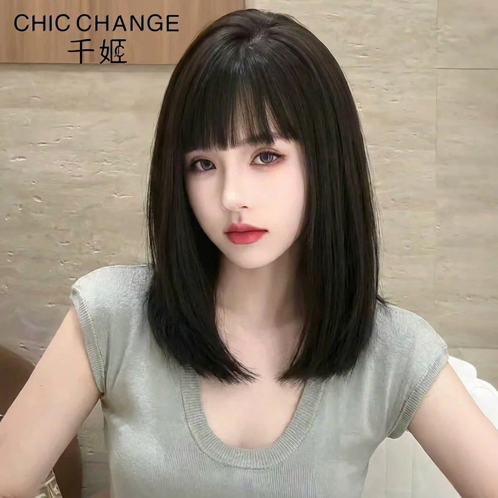 【气质一刀切】千姬假发女一刀切全真发全头套锁骨发整顶假发头套