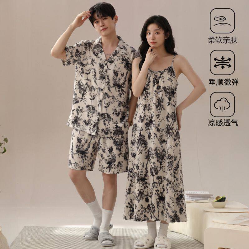 2026新款冰丝情侣睡衣女款带胸垫吊带睡裙夏季男士开衫家居服套装