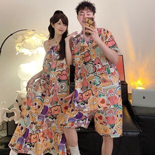 家居服套装 男款 冰丝绸短袖 海绵宝宝带胸垫吊带睡裙情侣睡衣女夏季