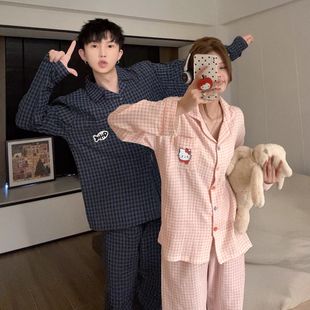 情侣睡衣女士春夏季云朵棉质长袖KT猫格子男士2025新款家居服套装