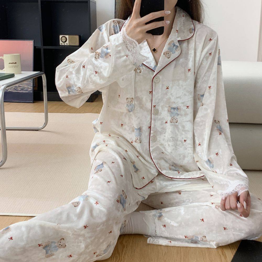 金丝绒睡衣女秋冬季可爱小熊印花轻奢高级长袖长裤春秋家居服套装,女士内衣/男士内衣/家居服,睡衣/家居服套装,淘宝优惠券,粉丝福利购,淘宝优惠卷