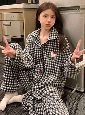秋冬加绒加厚女珊瑚绒睡衣套装