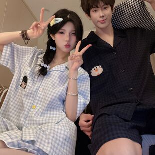 家居服套装 男款 ins风 格子短袖 情侣睡衣少女夏云朵棉可爱2026新款