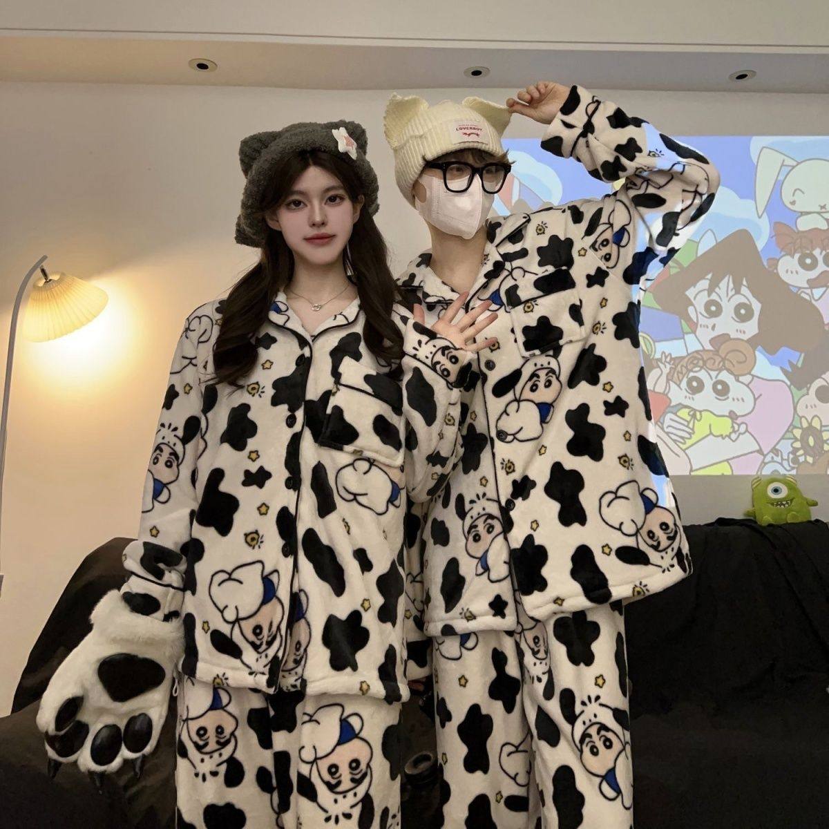 珊瑚绒情侣睡衣女秋冬季款加绒加厚男士冬天可外穿卡通家居服套装