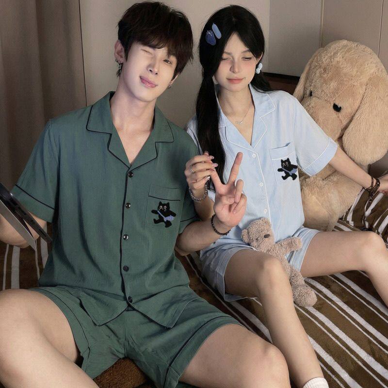 2026新款情侣睡衣女夏季云朵棉短袖短裤纯色男家居服开衫套装ins