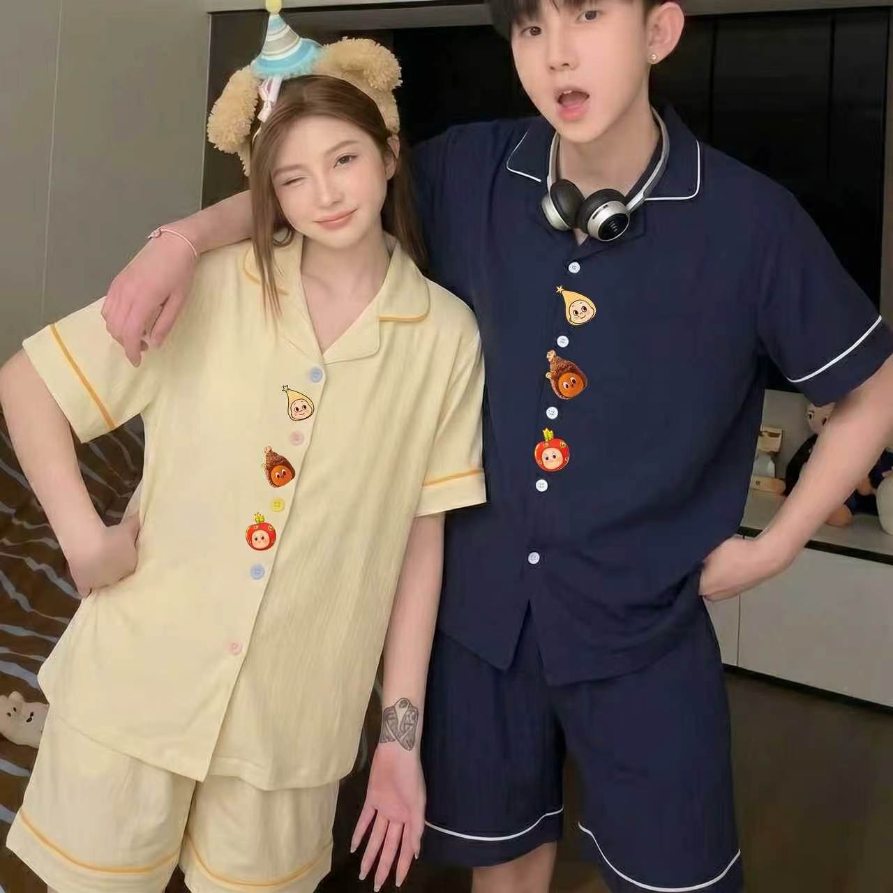2026新款夏季卡通可爱星星人情侣睡衣女短袖男士云朵棉家居服套装