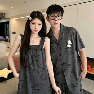 帕恰狗情侣装大码夏季睡衣女带胸垫睡裙男士外穿夏天家居服套装