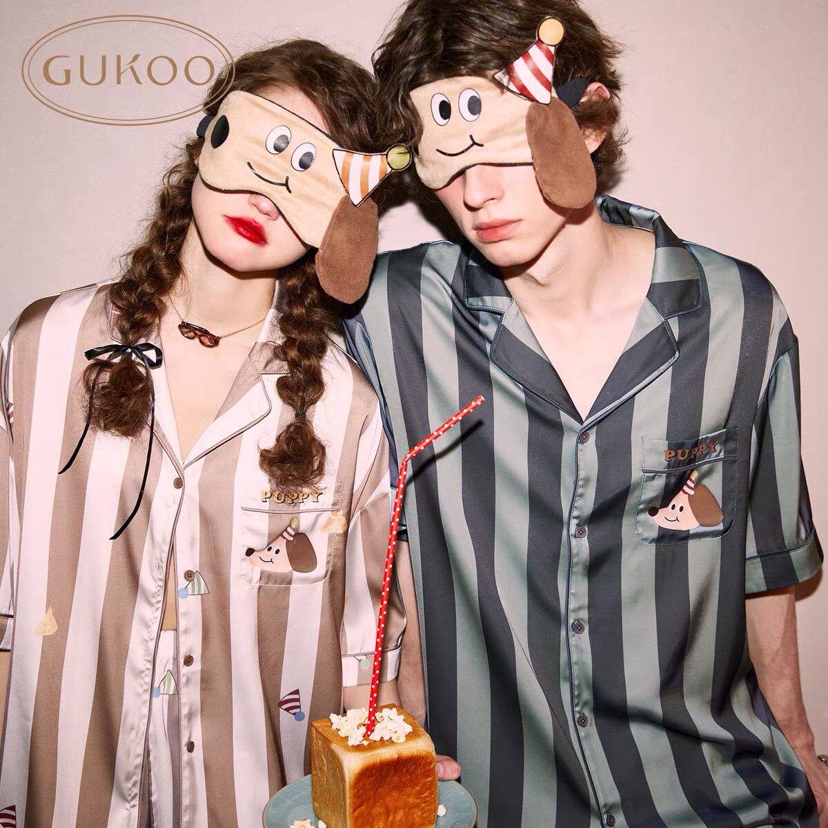 短袖情侣睡衣女夏季冰丝绸新款条纹可爱腊肠狗男士薄款家居服套装