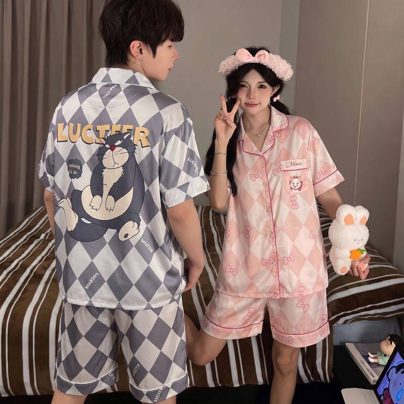 2026新款情侣睡衣少女夏季可爱卡通冰丝凉感男款家居服套装ins风