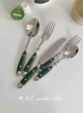 复古ins墨绿色手柄1810不锈钢刀叉勺套装两颗钉西餐厅商用刀叉勺