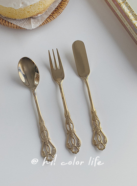 ins韩风复古皇冠刀叉勺子四件套装欧式甜品网红黄油刀西餐餐具