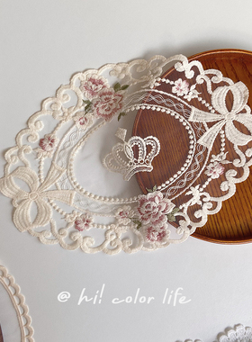 HiColor生活*复古ins蕾丝刺绣盖布椭圆形皇冠蝴蝶结装饰垫托盘垫