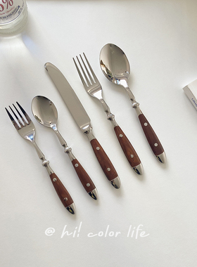 复古风ins仿木纹柄刀叉勺3件套欧式西餐商用树脂柄不锈钢牛排刀叉