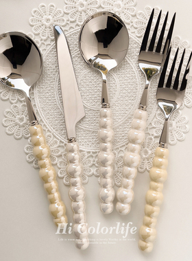 喝彩生活 复古ins珍珠柄陶瓷刀勺叉304不锈钢商用咖啡店西简餐具