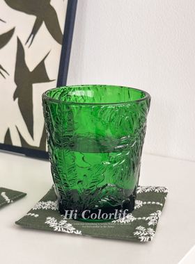 Hi Colorlife绿羽蔓玻璃水杯ins风祖母绿浮雕花纹家用玻璃水杯子