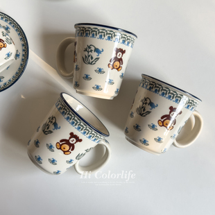 Hi 森系藤蔓小熊450mL马克杯可爱中古风釉下彩陶瓷咖啡杯家用送礼